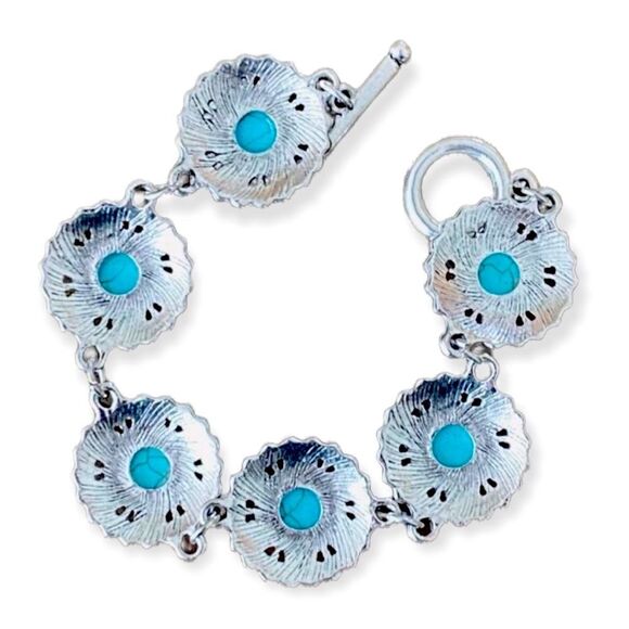 Silver Round Filagree Link Turquoise Adjustable Toggle Bangle Bracelets NEW - Picture 3 of 4